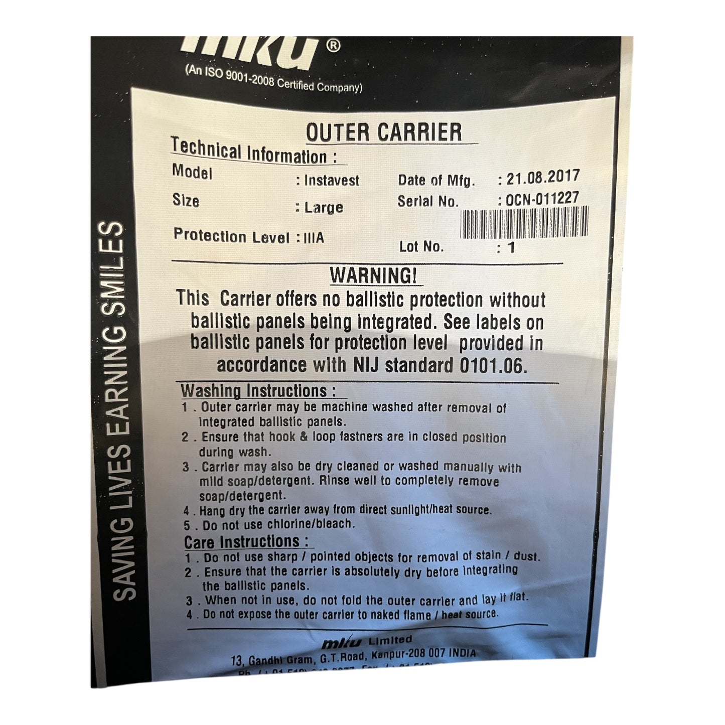 MKU Military grade Plate carrier Body armour cover and filler black
