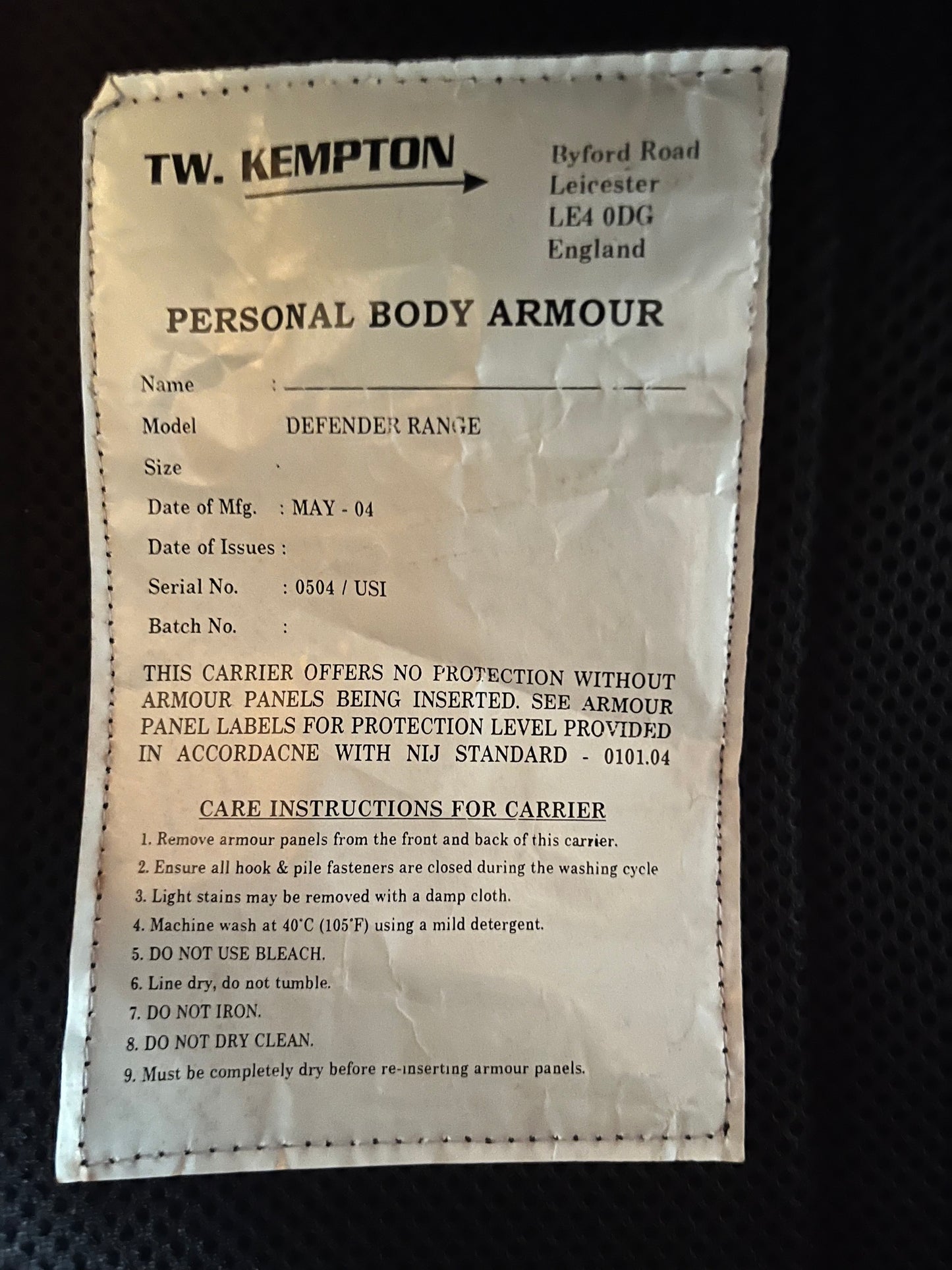 T W Kempton personal body armour medium black