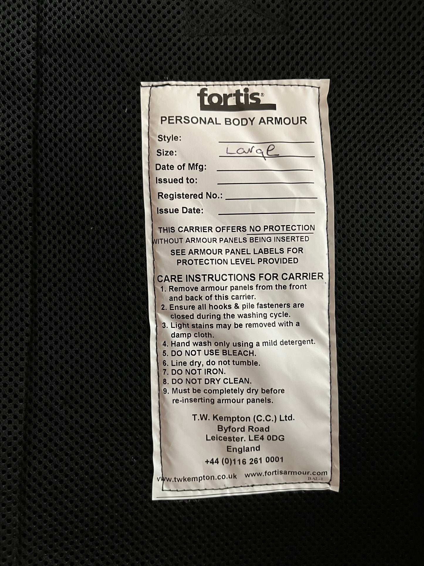 Fortis personal body armour size large black