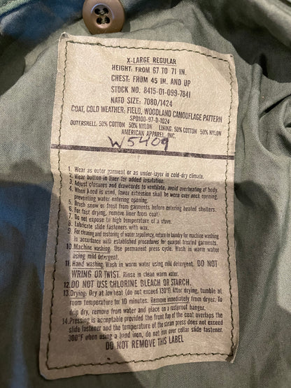 US Airforce cold weather field coat woodland camouflage XL 1997