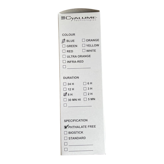 IN2 THE WILDERNESS Cyalume blue chem light glow stick packaging showing 8 hour duration and phthalate free label
