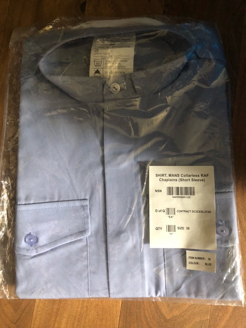 RAF Mens Short Sleeved Chaplains Blue Shirt Collarless New