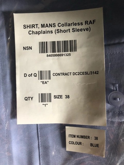 RAF Mens Short Sleeved Chaplains Blue Shirt Collarless New