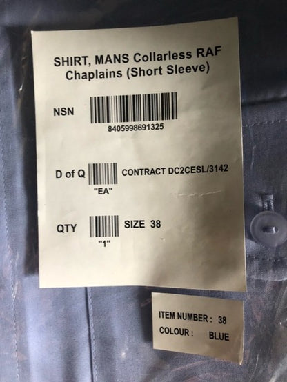 RAF Mens Short Sleeved Chaplains Blue Shirt Collarless New